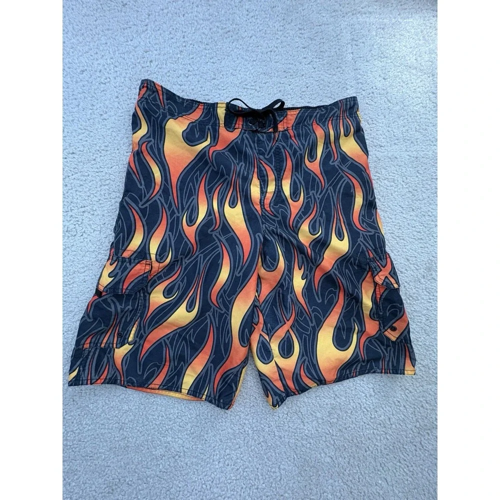 Hang Ten All Over Flame Print Board Shorts Swim Trunks Black Red Yellow Size XL